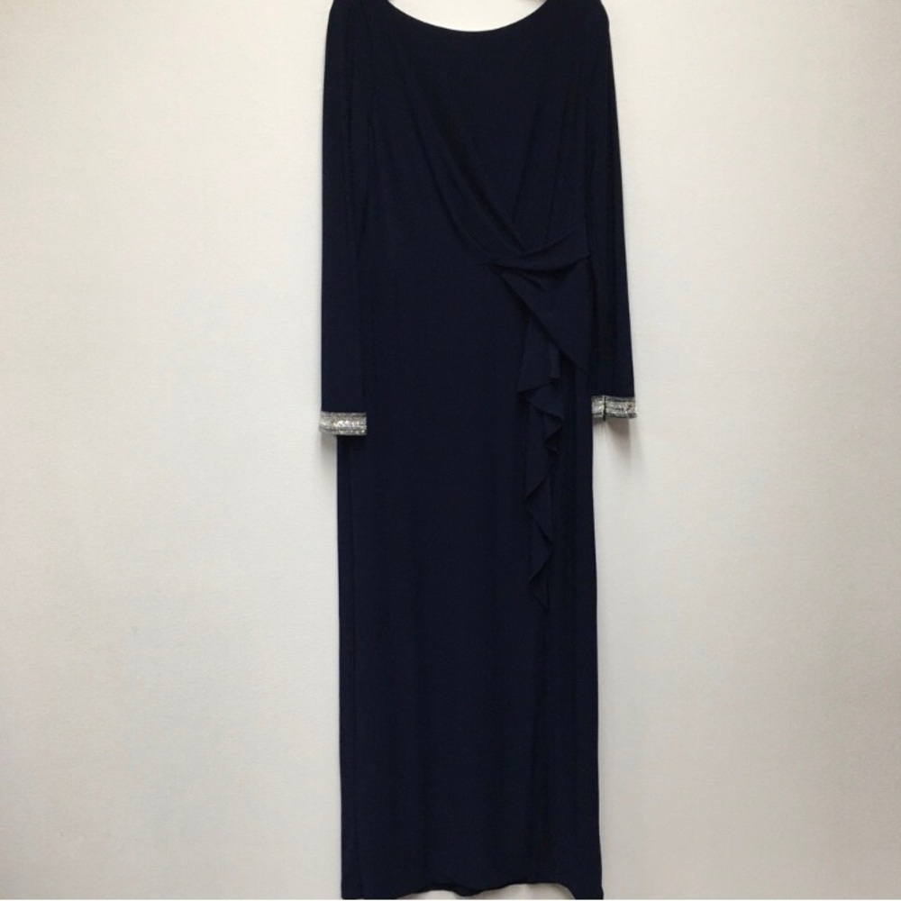 Vince Camuto Beaded Draped Stretch Gown 14 Navy Blue Elegant Formal Gala Wedding - Picture 2 of 14